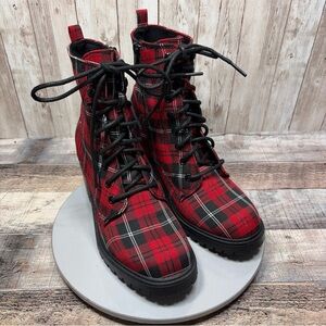 Sonoma Women’s Combat Boots Textile Red Spotted Plaid Size 7 M